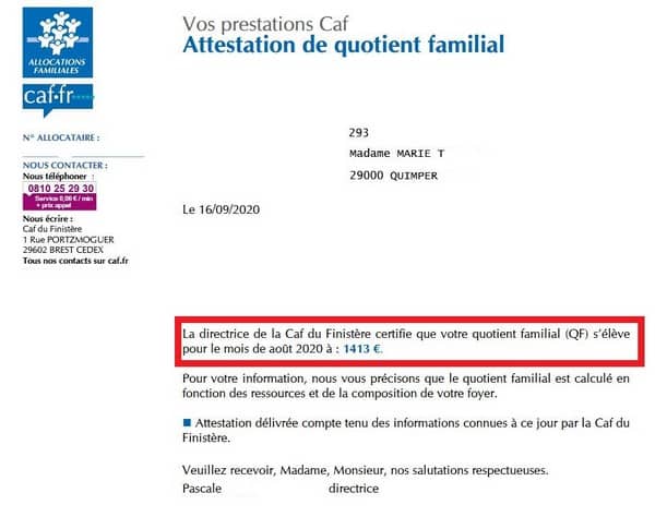 attestation de quotient familial