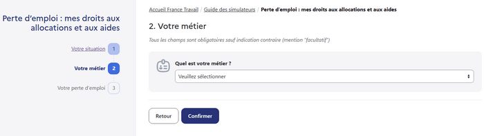 Étape 2 : liste déroulante de sélection du métier