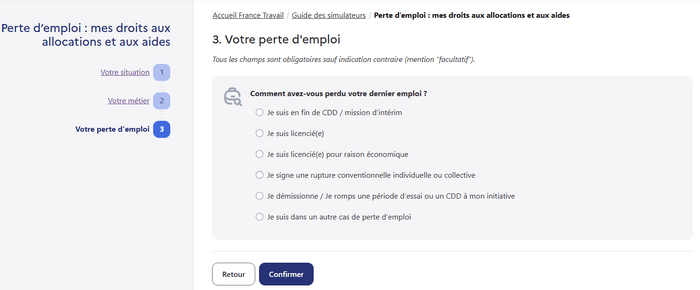 Étape 3 : sélection du motif de perte d'emploi