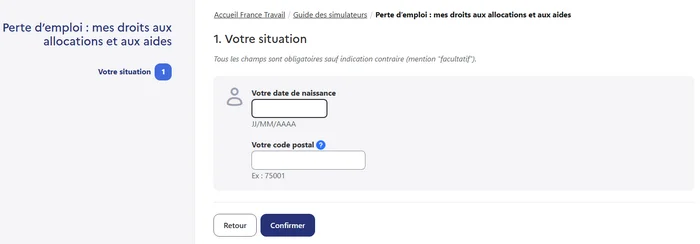 Étape 1 : saisie de la date de naissance et du code postal